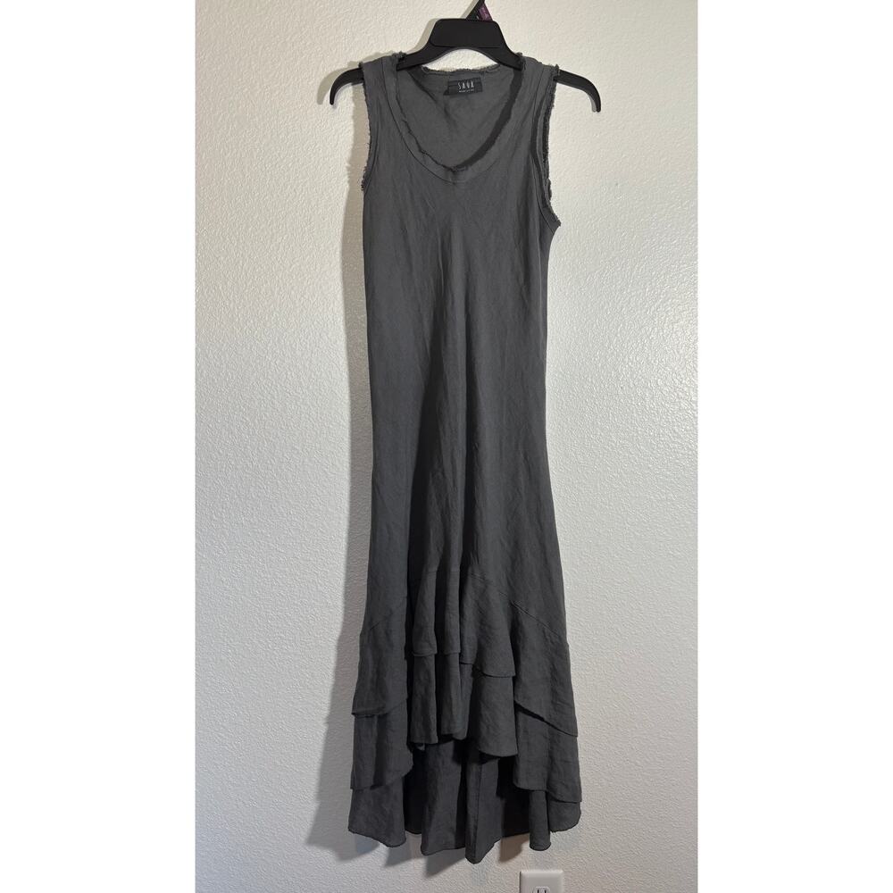 SAGA Italy Dress Women's Size XS/S Gray Ruffle Bottom Frayed Hem Linen Lagenlook